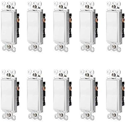 TG Decorator Paddle Rocker Light Switch – 15A 120V/277V, Single Pole, 3 Wire, Grounding Screw, Residential Grade, Gloss White, 10-Pack