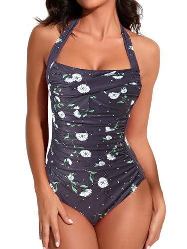 Image of Smismivo Tummy Control Swimwear Halter One Piece Slimming Vintage Retro Swimsuit Womens Ruched Push Up Bathing Suit