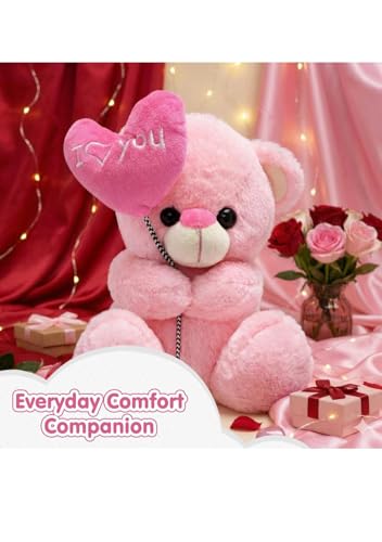 Image of Cute Cute Pink Teddy Bear with inchI Love You inch Heart Balloon | Soft Plush Toy for Kids & Romantic Gift for Girlfriend | Hugable Stuffed Animal | 27 cm