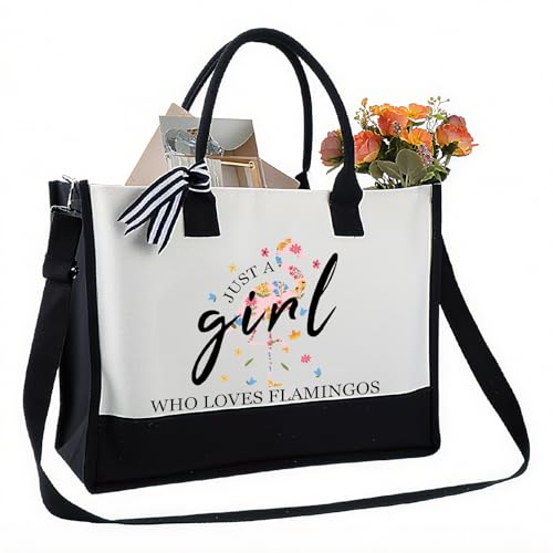 Imagen de PRESSINART Bolsos de Lona con Diseño Floral Bolso de Flamenco A Quien le Encantan los Flamencos Patrón de Bolso de Hombro con Cremallera Bolsa de Compras Reutilizable para el Trabajo Viajes Y