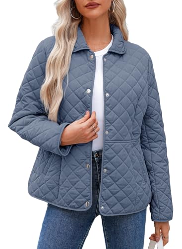 Dokotoo Plus Size Fall Jackets for Women Blue Winter Quilted Jackets Light Warm Long Sleeve Button Down Puffer Jacket Womens Padded Outerwear Coats X-Large