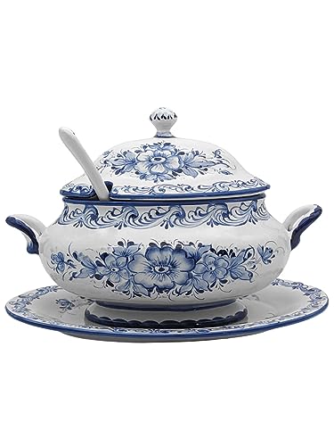Hand Painted Alcobaça Ceramic Blue and White Decorative Tureen