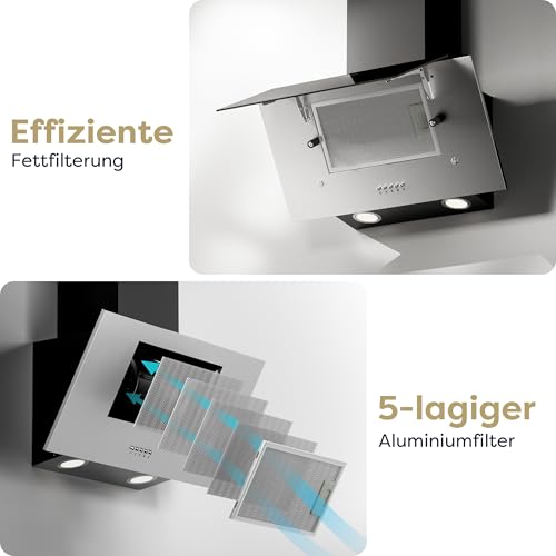 CIARRA CBCB6736C A++ Dunstabzugshaube 60 cm Umluft Kopffreie Schräghaube 350 m³/h mit CBCF002X2 Aktivkohlefilter Abluft 3 Stufen Wandmontage Wandhauben Abzugshaube Schwarz