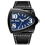 Overdo Triangle Mens Sports Quartz Watch Waterproof Stainless Steel Wrist Watche Leather Strap Watch (Black)