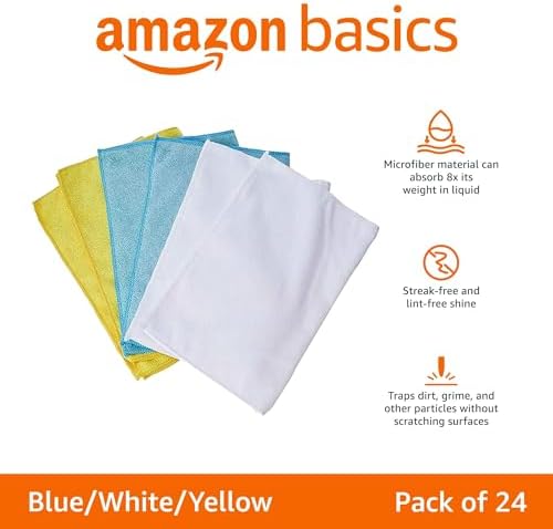 Amazon Basics Microfiber Cleaning Cloths, Ultra Absorbent, Lint Free, Streak Free, Non-Abrasive, Reusable and Washable, 16