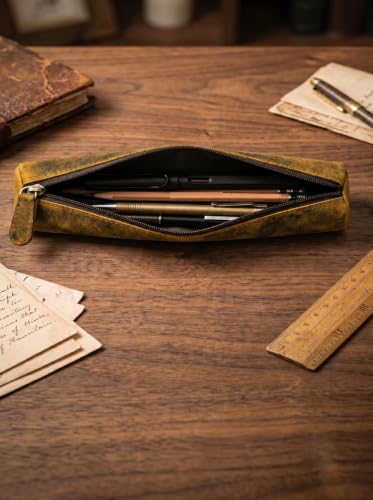 Image of Calfnero Genuine Leather Pen-Case for Men & Women | Premium Hunter Leather Pencil-Pouch with Zipper | Cylindrical Pen-Holder Organizer for Pen, Pencils & Stationery | Unisex Pen-Sleeve