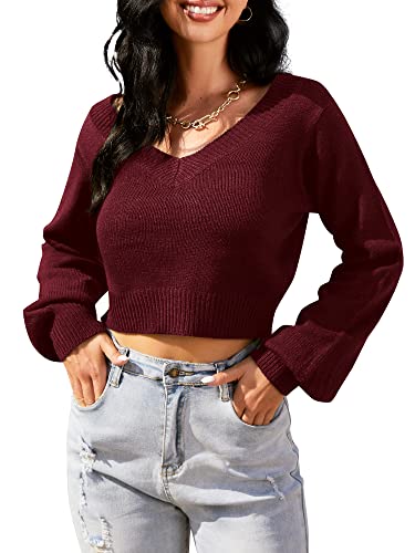 Image of ZAFUL Women's Cropped Sweater V-Neck Long Sleeve Pullover Jumper Knit Top
