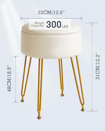IBUYKE Faux Leather Round Footrest Stool with Storage Ottoman, Makeup Vanity Chair Side Table, PU Dressing Table Seat, Removable Cover, Golden Steel Legs, White WBD024W - Cosy Home Interiors IBUYKE Faux Leather Round Footrest Stool with Storage Ottoman, Makeup Vanity Chair Side Table, PU Dressing Table Seat, Removable Cover, Golden Steel Legs, White WBD024W - Image 3