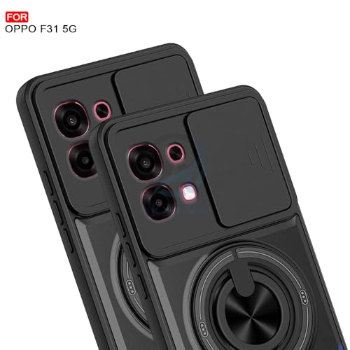 Image of AESTMO Oppo F31 / F33 5G Back Cover | Armor Camera Slider 360 Degree Rotating Finger Ring Holder Case with Bracket Stand Back Case Cover (Compatible with MagSafe Accessories) (Black)