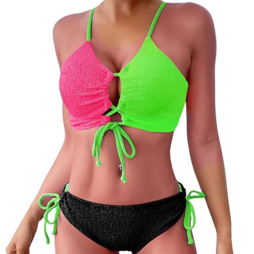 MODSGUE Conjunto de bikini sexy para mujer, con cordones, 2 piezas, con cordones, tallas grandes, cómodo, push up, traje de baño de dos piezas, Verde B, S