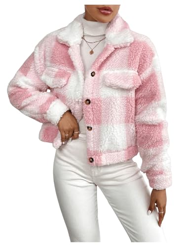 SOLY HUX Women's Plaid Fleece Jacket Button Down Long Sleeve Drop Shoulder Fuzzy Sherpa Jacket Outerwear