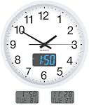 KWANWA Wall Clock, 12 Inch Analog Clock with LED Digital Clock/LCD Time Date and Temperature Display, Battery Operated, Dial Ultra-Quiet Movement Quartz Wall Clock for Office Classroom School Bedroom