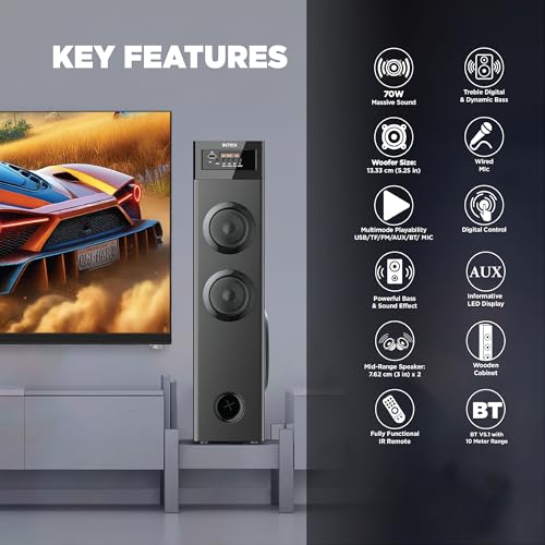 Image of Intex 700-S Multimedia 70 W Bluetooth Tower Speaker | Wired Karaoke Mic | Party Speaker & 5.25 Inch Woofer | LED Display & Bluetooth v5.2 | Fully Remote Control (Black)