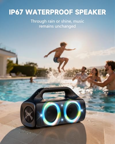 Image of IP67 Waterproof Bluetooth Speaker:80W(Peak) Loud Outdoor Portable Wireless Party Speakers with LED Lights,20H Playtime,Bluetooth 5.3,Deep Bass & TWS for Pool,Beach (Black)