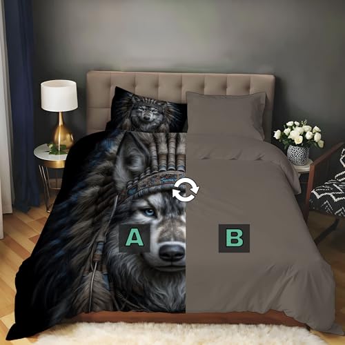 Housse de couette 220x240 loup imprimé plumes avec fermeture éclair invisible - 4