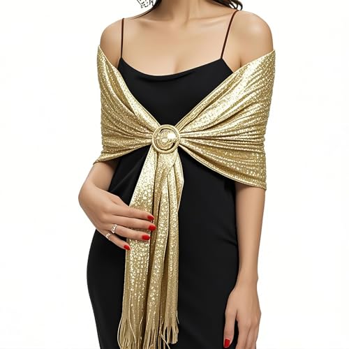 Sparkling Metallic Pashmina Shawl Wraps Scarf with Buckle for Evening Party Bridal Wedding Banquets Gatherings Formal Dresses