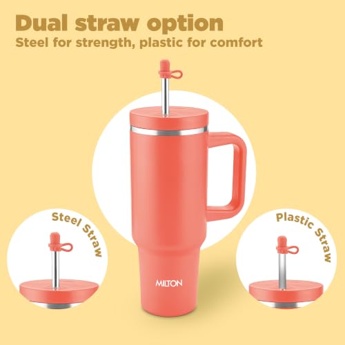 Image of Milton My Tumbler 1200 Thermosteel Double Wall Vacuum Insulated Stainless Steel Tumbler with Handle 1100ml,Leak Proof Travel Mug,Straw,Silicon Cap Cleaning Brush,Hot & Cold Beverage Flask,Coral Orange