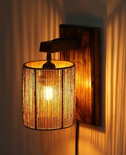 Image of Ikari Homes Rustic Wooden Wall Lamp I Cylindrical Raffia Shade I Vintage Wall Lamp I Boho Wall lamp for Bedroom /Balcony /Living Room /Outdoor /Entrance - Size 10 by 5 in (Twisted Raffia)