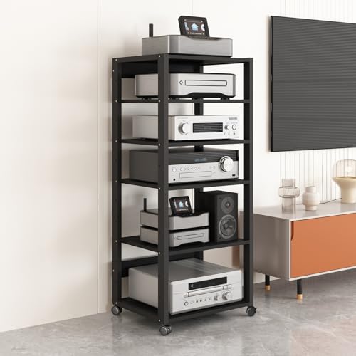 2/3/4/5/6 Tier Movable Media Stand, Home Theater Entertainment System Stereo Audio Amplifier Component Cabinet, Multi-Function Open Storage Shelf with Adjustable Wooden Shelves (Size : 6 Tier)