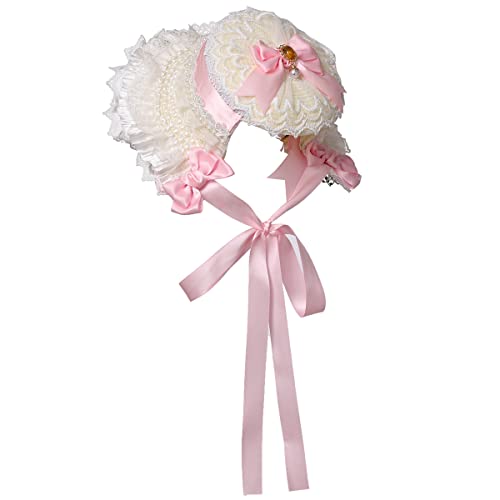 COSDREAMER Girls Women Victorian Bonnets Lace Flowers Tea Party Hats (Pink) - Image 2