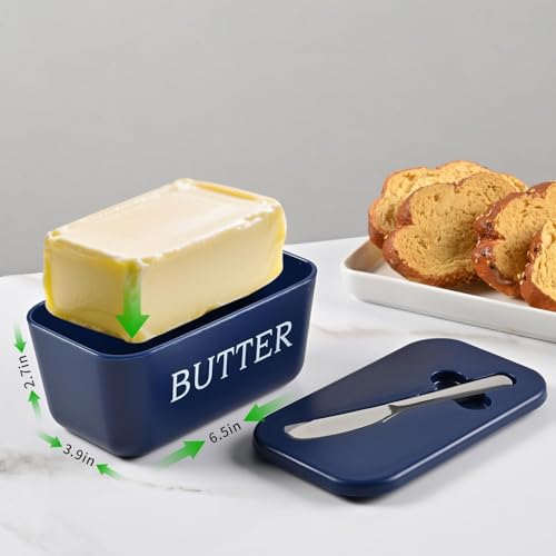 Image of Kyraton Large Plastic Butter Dish with Lid and Knife, Food Grade PP Butter Holder Keeper with Cover for Kitchen Refrigerator Butter Container (Blue)