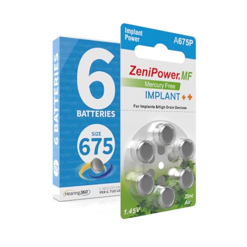 Hearing360 baterías para implantes cocleares PR44 mide 675P, potencia constante y larga vida útil, pilas libres de mercurio con tecnología zinc-aire (1 blister, 6, baterías)