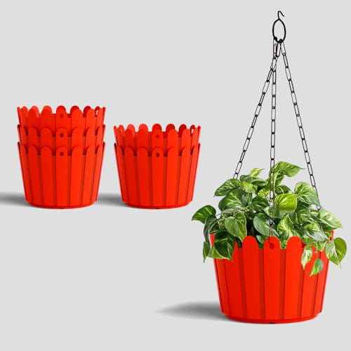 Image of YUCCABE ITALIA SHERA Hanging Fence 8 INCH Planter Pot Plastic Flower Hanging Pots for Home Decoration Sutiable for Indoor and Outdoor (Red, Pack of 6)