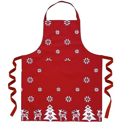 Ragged Rose Christmas Apron - Cotton Apron for Cooking & Dishwashing with Neck Strap Large Front Pocket & Long Ties - Kitchen Gifts for Women & Men Red Apron - 85 cm x 68 cm