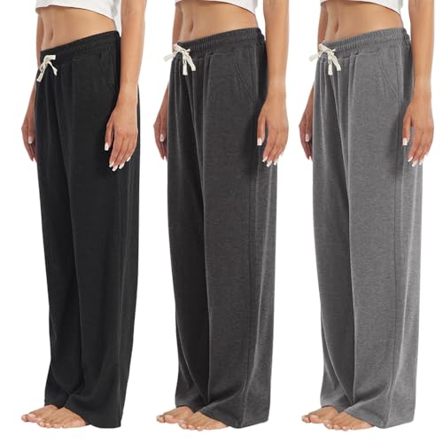 3-Pack Womens Lounge Pants with Pockets, Wide Leg Sweatpants, Soft Comfy Pajama Bottoms with Drawstring Waist