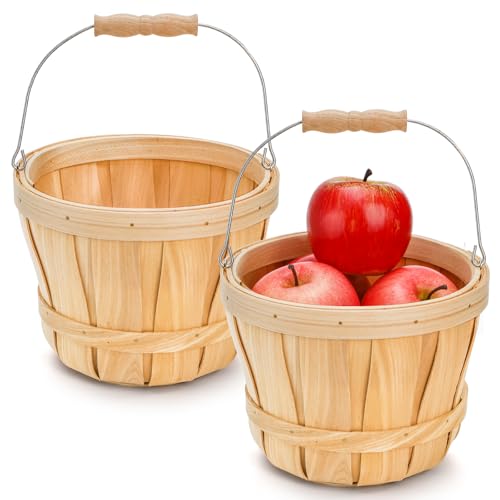 Okllen 2 Pack Round Wooden Baskets with Handle, Empty Wood Fruit Buckets, Easter Basket Fall Harvest Basket for Display Fruits Vegetables, Home Garden and Party Supplies, Natural Color