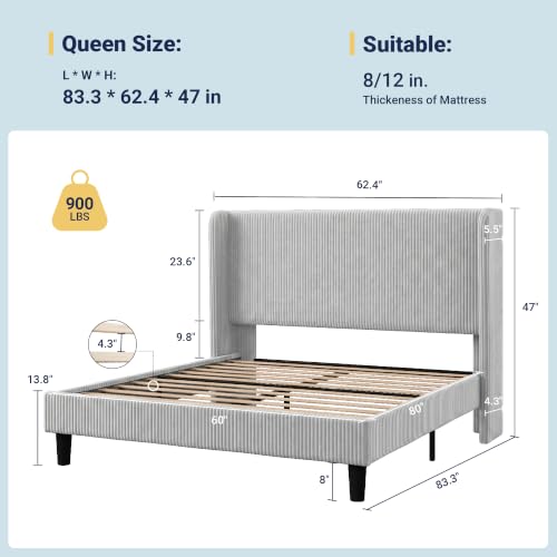 Image of Allewie Queen Size Platform Bed with Corduroy Wingback Headboard Light Grey | 900 lb Capacity, Corduroy Wingback Headboard, Vertical Channel Design, Wood Slat Support, No Box Spring Needed, Easy Assembly