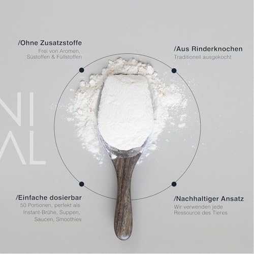 Knochenbrühe Pulver vom Weiderind [200g] - 20 Portionen - ca. 81% Kollagen - ca. 95% Protein Pulver - Aus Schweden, abgefüllt in Deutschland - Ohne Zusätze - Bone Broth - halal zertifiziert