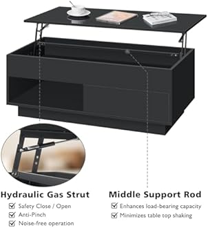 HOMMPA 40" Lift Top Coffee Table with Storage LED Coffee Table Morden High Gloss Living Room 3 Tiers Modern Tea Table with Storage Center Tables Hidden Compartment & Open Shelve & Drawer Black