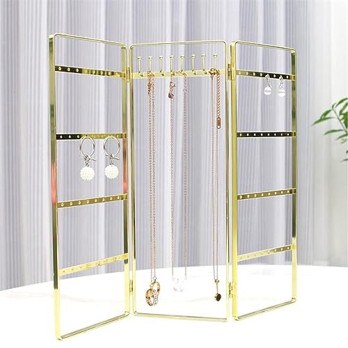 KRESHU Foldable 3-Panel Golden Jewellery Stand Decorative Gold Organizer Stand Holder Pendant Jewellery Display Rack for Necklaces/Rings/Earrings/Hanging type Stand (Golden,1-pcs)