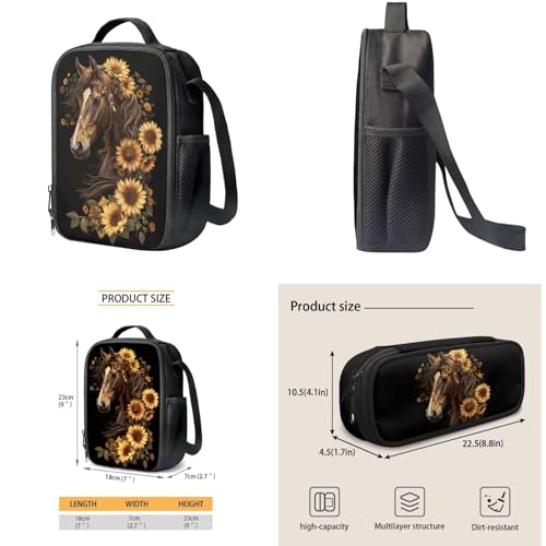 Binienty Sunflower Horse Schoolbag Set with Lunch Bag Pencil Case Cute Animal School Backpack for Kids Boys Girls 3Pcs Children Backpack Preschool Book Bag Casual Daypack for Elementary Students4