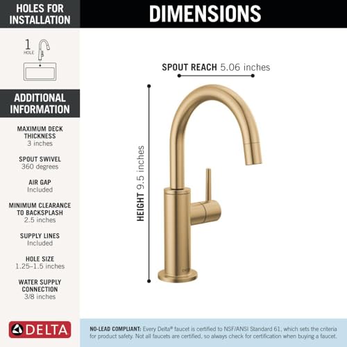 Image of Delta Contemporary Beverage Dispenser Faucet, Brushed Gold Drinking Water Kitchen Sink Faucet, Champagne Bronze 1930-CZ-DST