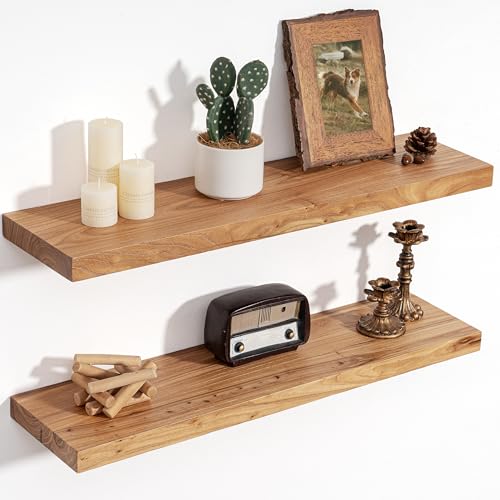 Image of Floating Shelves for Wall Decor, 8 inch Deep Rustic Solid Elm Wood Floating Shelves Wall Mounted, Wall Shelves with Invisible Bracket for Living Room Bathroom Bedroom Kitchen, 30 Inch Set of 2, Natural
