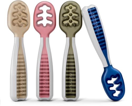 Image of NumNum Baby Spoons Set, Baby Essentials Pre-Spoon GOOtensils for 6+ Months, First Stage Self-Feeding Spoons for Baby Led Weaning (BLW), Silicone Toddler Utensils, BPA-Free, 4 Pack Neutrals