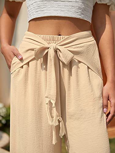 Miessial Women's Summer Tie Front Wide Leg Pants Elastic Waist Casual Pants Beach Palazzo Pants with Fringe Lace up Ivory4