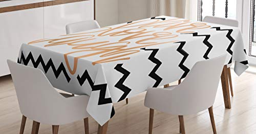 Ambesonne Live Laugh Love Tablecloth, Motivational Calligraphic Artwork With Zigzags Chevron Stripes, Dining Room Kitchen Rectangular Table Cover, 60" X 84", White Peach #TOP13