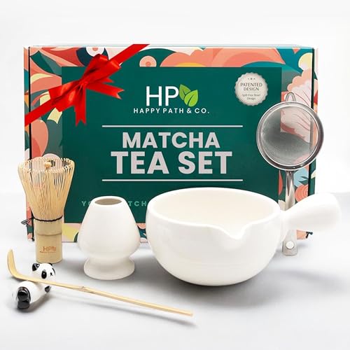 HAPPY PATH & CO Patented Matcha Bowl Set with Handle & Spout - Spill-Free Pouring for Beginners | Premium Matcha Making Kit Includes with Bamboo Whisk(Chasen), Scoop & Stand - White Matcha Tea Set