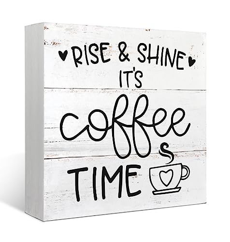 Coffee Bar Accessories Sign Decor,Rise & Shine It's Coffee Time Wood Box Gifts for Farmhouse Home Kitchen Counter Bar Desk Shelf Decor,5x5 Inch