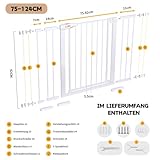 LAOYE Treppenschutzgitter ohne Bohren, Extra Hoch 92 cm Höhe, 75-124 cm Breite, Türgitter Baby mit 3 Verlängerungen, für Kinder, Hunde und Katzen, Auto-Close & 90° Stopp - Weiße