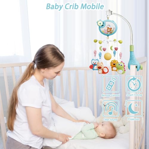 Azulmart Baby Crib Mobile with Funny Rotation Musical Hanging Rattle & Remote Control, Spin Motor Projection Night Light Relaxing Music Portable Animal Nursery Sensory Crib Toy for Infant Newborn Gift