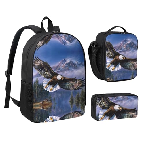 Sac à dos imprimé aigle avec boîte à déjeuner et trousse scolaire Noir - 2