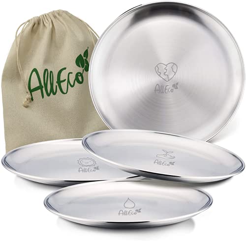 AllEco® Edelstahl Camping Teller Set 4 STK. 26cm Ø Picknick & Camping Geschirr Set 4 Personen Edelstahlteller Outdoor Zubehör Campingküche nachhaltig & plastikfrei (4 Teller - 26cm-Ø)