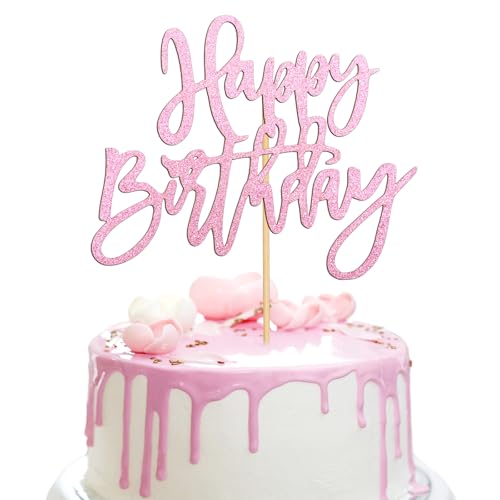 Pink Happy Birthday Cake Topper Glitter Birthday Cake Decorations Cakes Pick for Celebrating Happy Anniversary Party Cupcake Decorations Supplies for Women and Girls