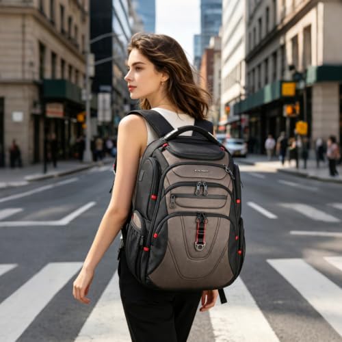 Image of KROSER TSA Friendly Travel Laptop Backpack 17.3 inch XXXL Gaming Backpack Water-Repellent College Daypack Business Backpack with RFID Pockets & USB Port for Men /Women-Black /Light Browm