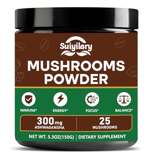 25 in 1 Mushroom Powder, Mushroom Coffee Alternative with Ashwagandha, Lion’s Mane, Chaga & More, Keto Friendly, Sugar Free, Mushrooms Extract Supplement for Immune, Focus & Energy, 60 Servings
