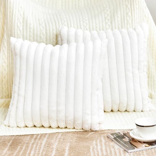 GriNeed Throw Pillow Covers Decorative Faux Fur Set of 2 18x18 Inch Pillow Covers, Soft Cream White Striped Pillowcases for Couch Sofa Bed Living Room, Fluffy Cute Home Boho Accent Fuzzy Decor